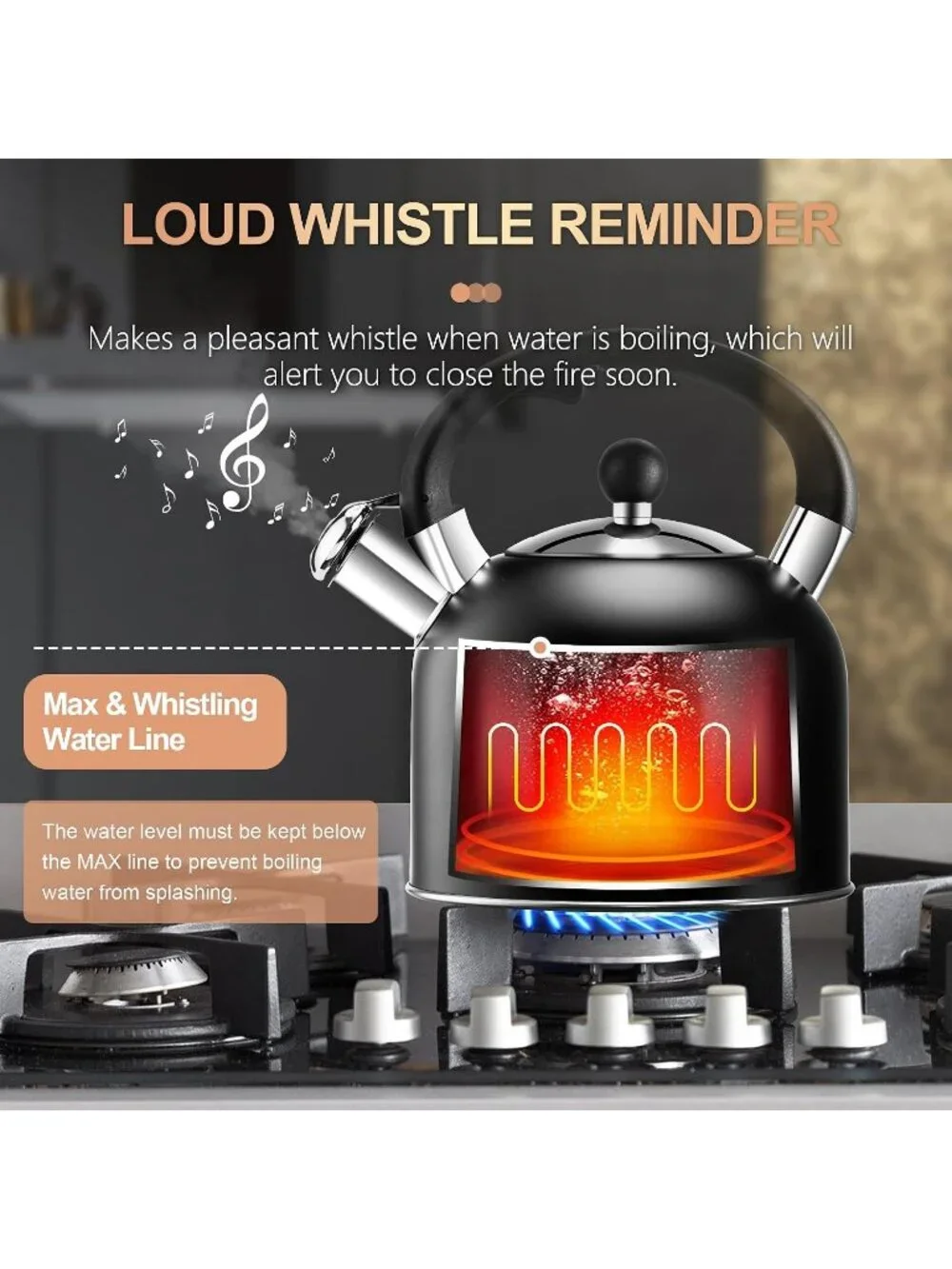 Black Whistling Teakettle 3.17QT Stainless Steel Stovetop with Ergonomic Handle